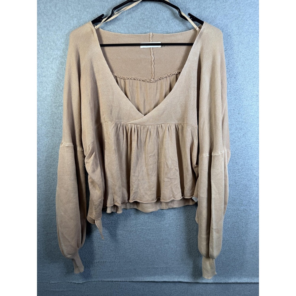 Mustard Seed Sweater Womens Medium Beige V Neck Peplum Ruffle Balloon Sleeve